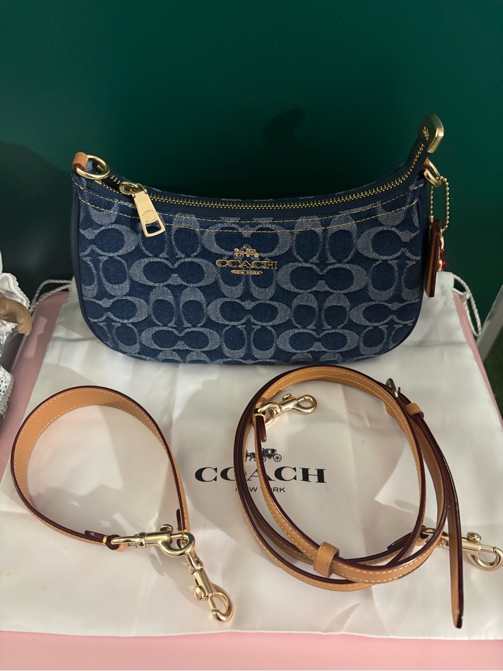 Coach Denim Signature Teri Bag with Tan Leather Straps and Gold Hardware